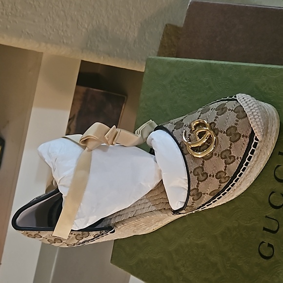 Gucci Pillar GG Ankle Tie Espadrille Platform Wedges - Picture 6 of 10